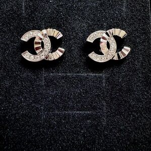 CHANEL Silver Crystal CC Interlocking Stud Earrings
